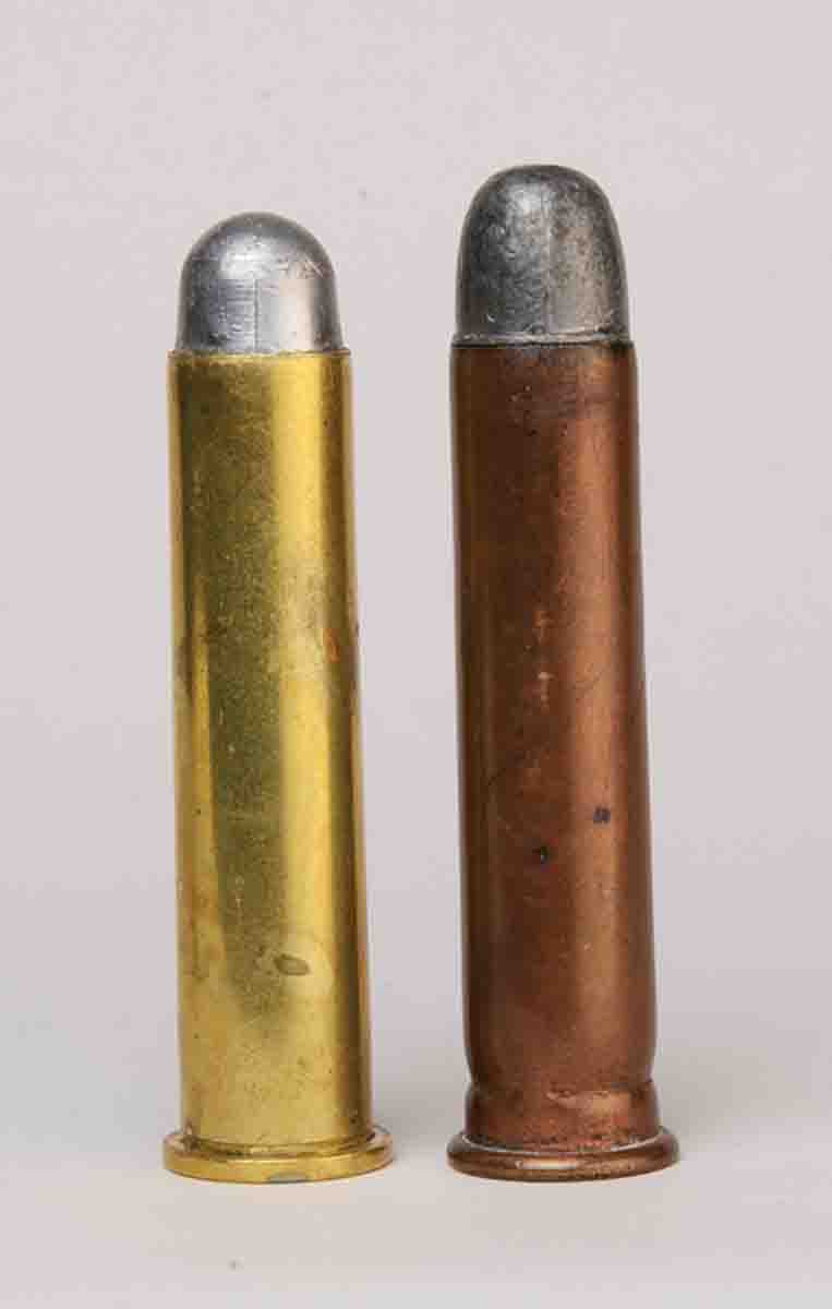 At left is Mike’s handload with a 400-grain RN bullet (Lyman 457124) cast soft of 1:40 alloy over 55 grains of Swiss 1½ Fg black powder. At right is an original copper-cased .45 Government load.